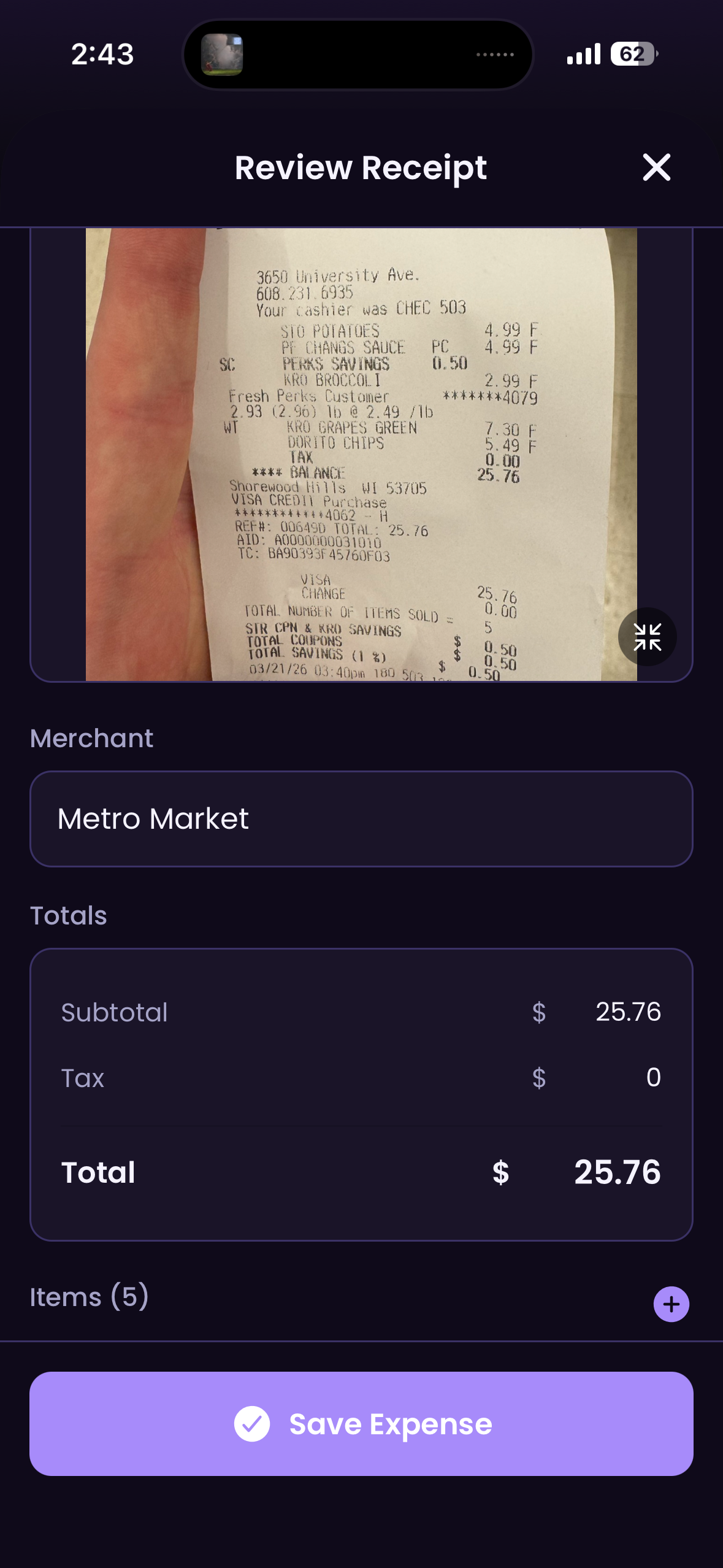 Review parsed receipt